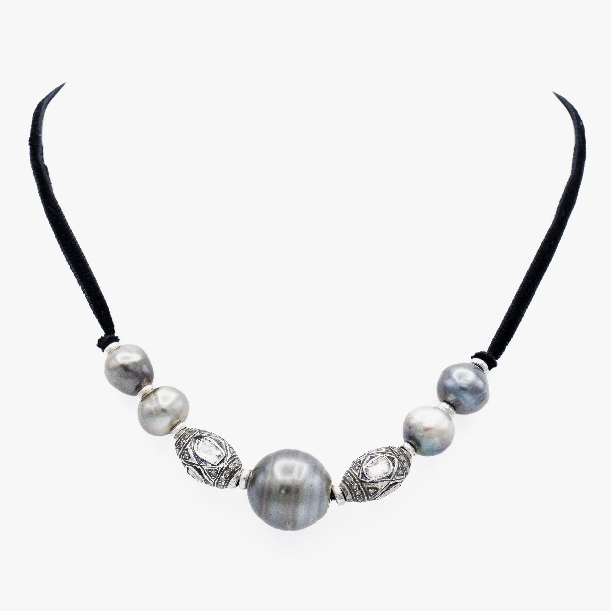 AM Studio Tahitian Pearl and Polki Diamond Necklace on Velvet
