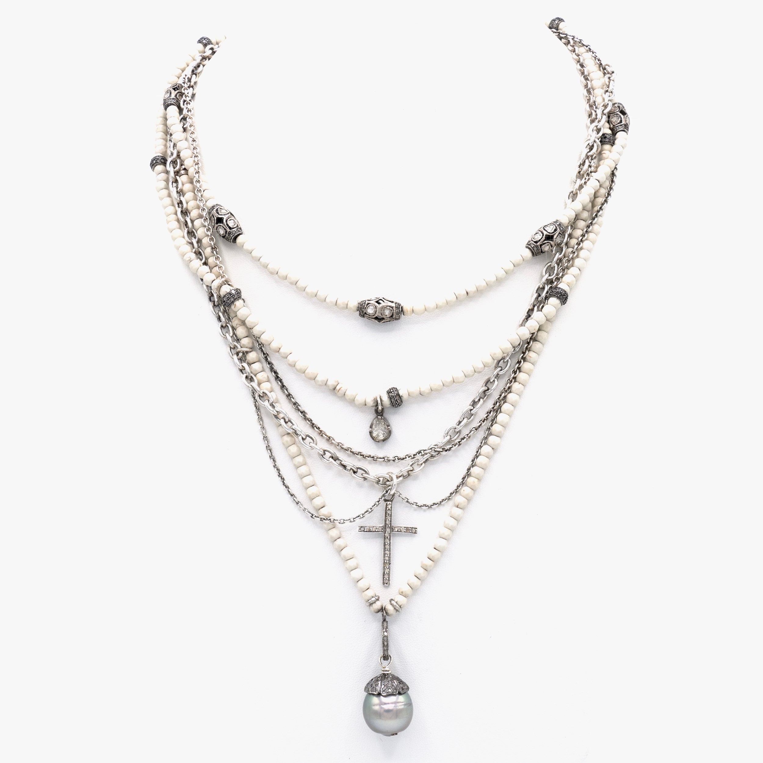 AM Studio Necklace with Tahitian Pearl, Cross and vintage Polki Diamonds