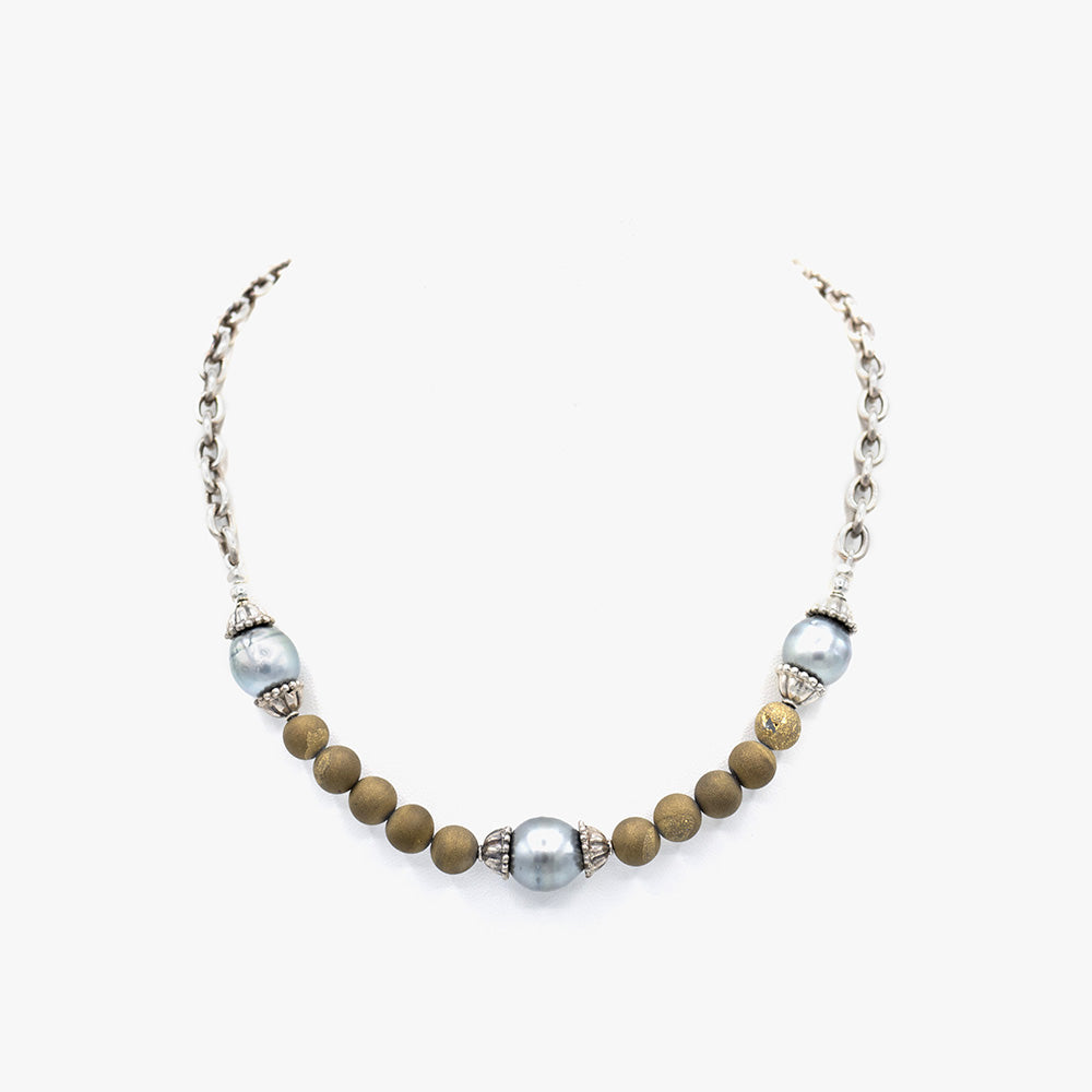 Tahitian Pearl, Sterling Silver and Gilded Agate Necklace