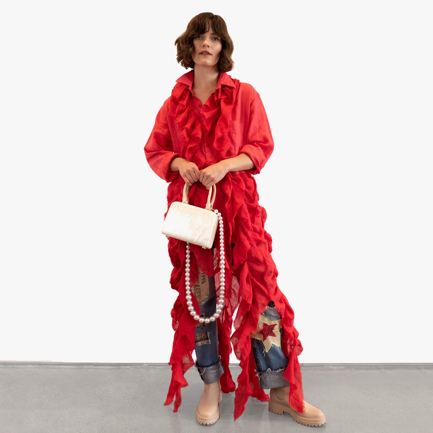 Dassios Ruffled Linen Dress - Red