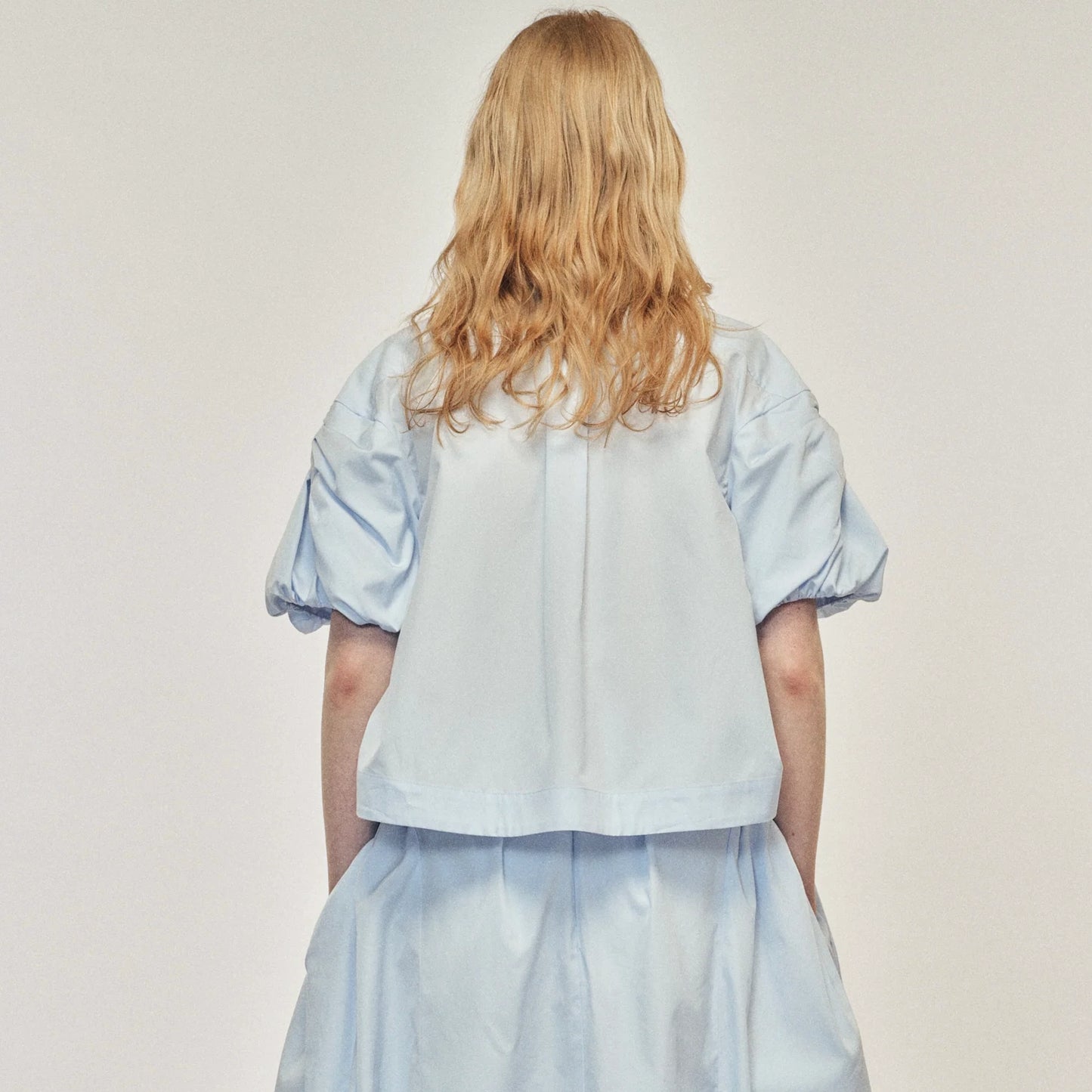 Blue Cropped Bow Puff Sleeve Shirt