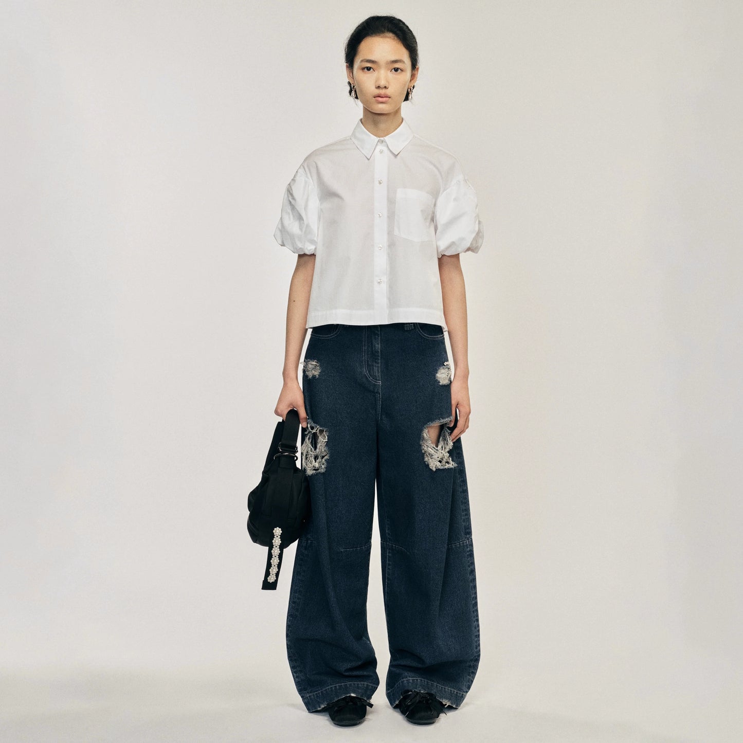 White Cropped Bow Puff Sleeve Shirt