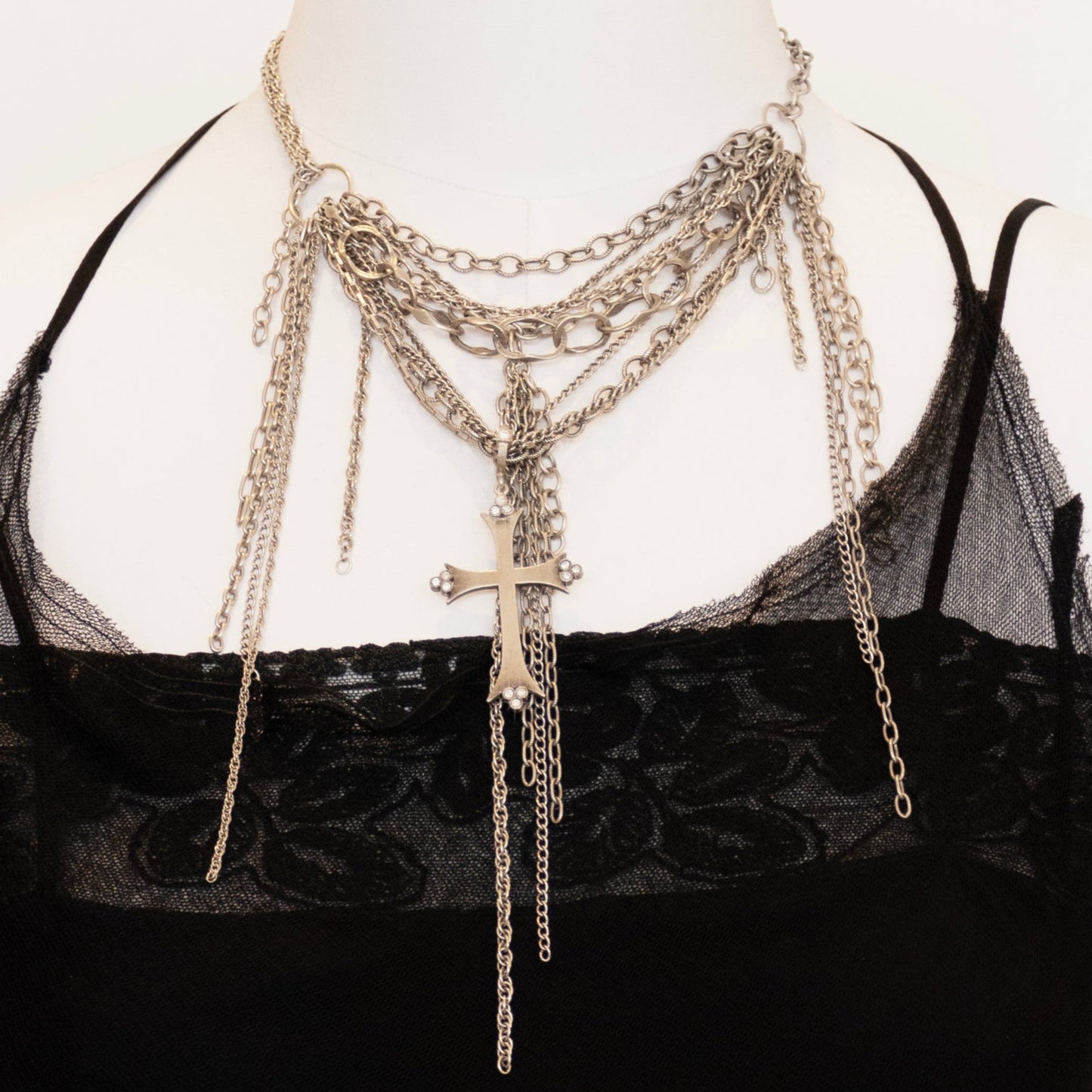Multi Chain and Diamonds Cross Necklace