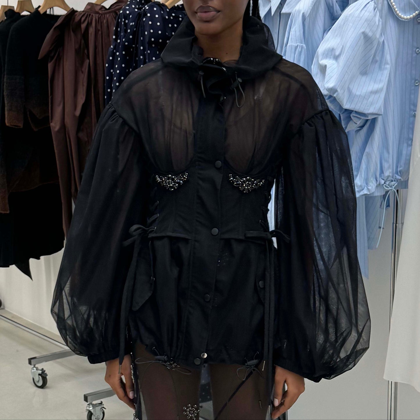 Embellished Sheer Corset Parka