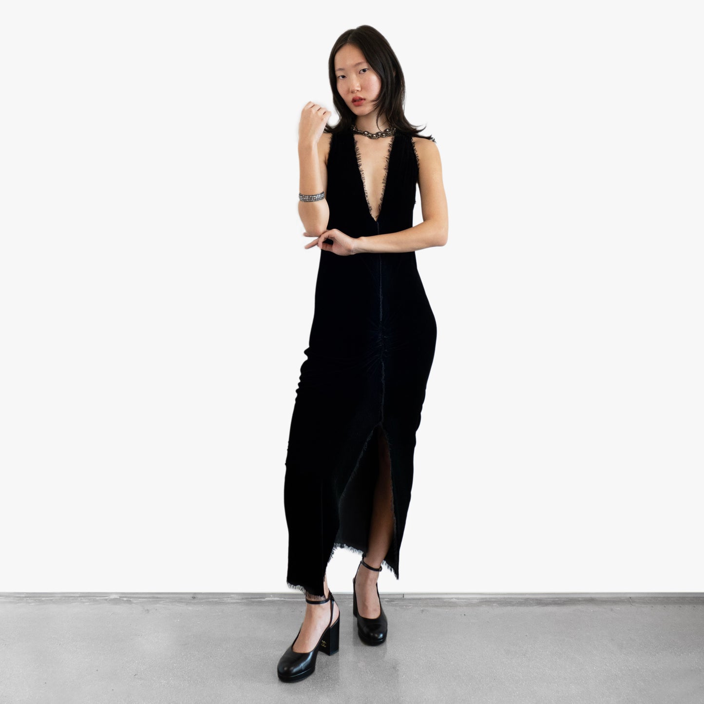 Model Wearing a black velvet dress