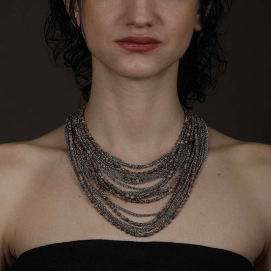 Glass Bead and Steel Chain Necklace