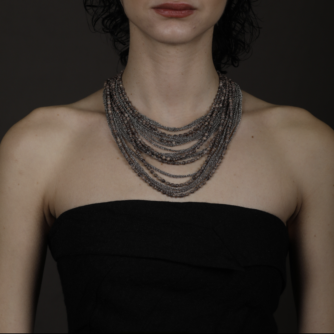 Glass Bead and Steel Chain Necklace