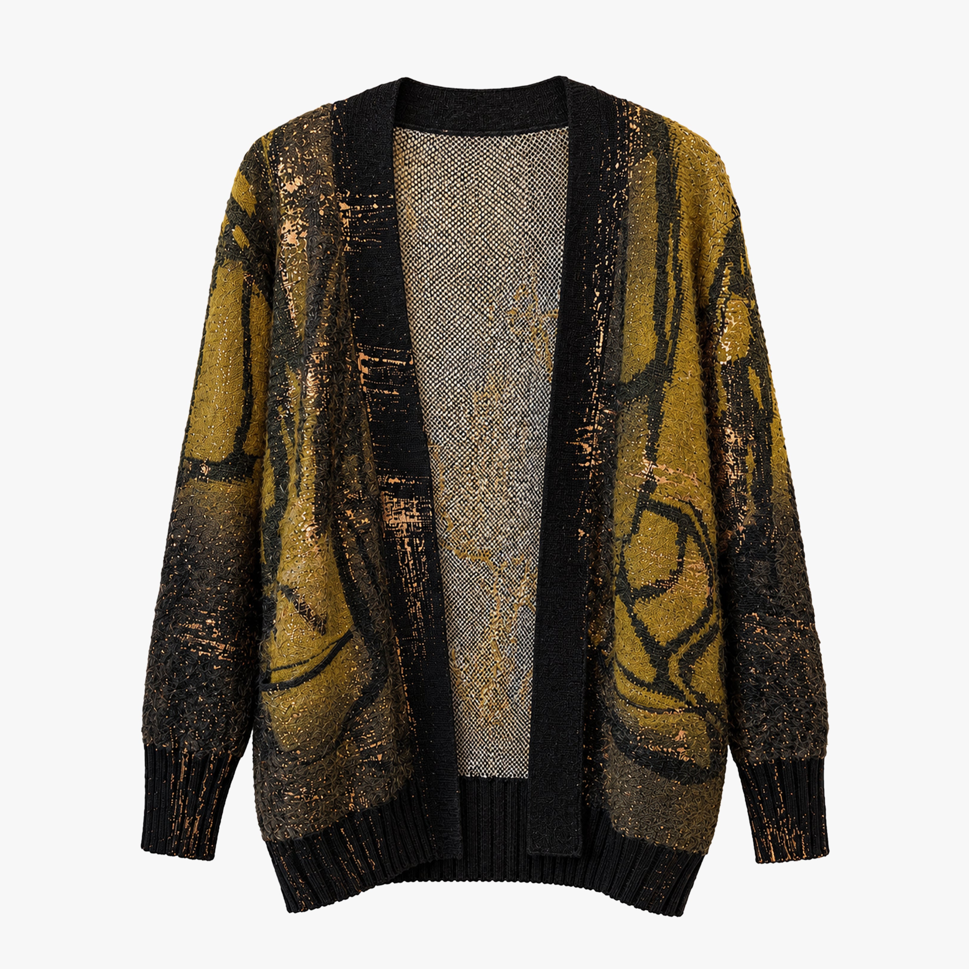 A long-sleeve open-front cardigan featuring a textured black and metallic gold abstract pattern, displayed against a solid white background.