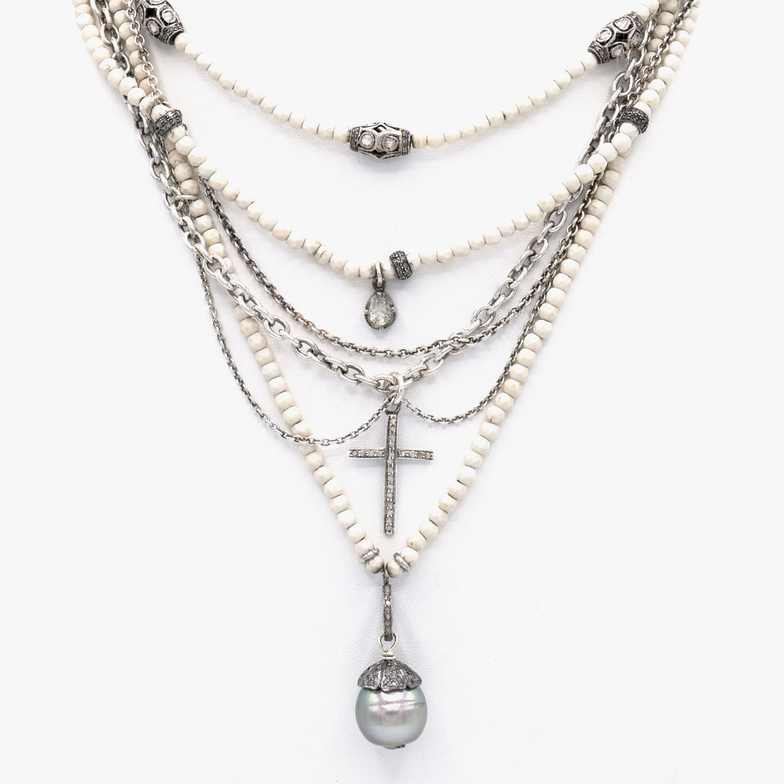 AM Studio Necklace with Tahitian Pearl, Cross and vintage Polki Diamonds
