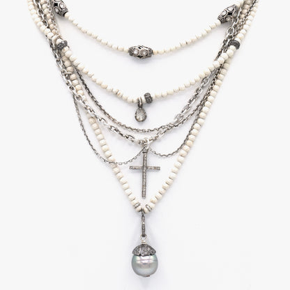 AM Studio Necklace with Tahitian Pearl, Cross and vintage Polki Diamonds