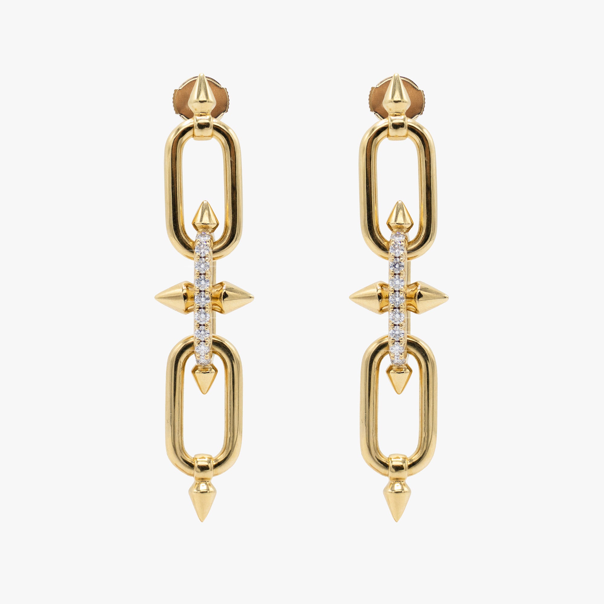 A pair of gold chain-link drop earrings with diamond accents,