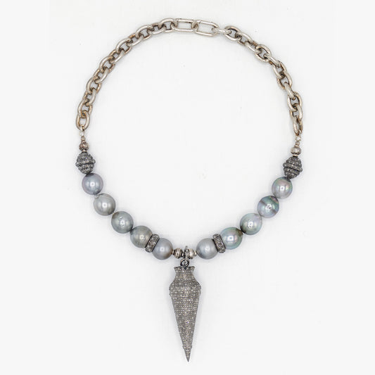 Tahitian Pearl, Diamond and Sterling Silver Necklace
