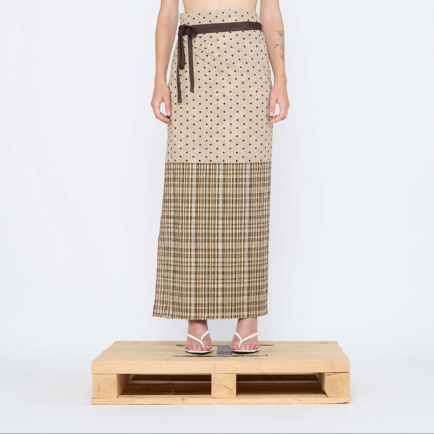Barbara Bologna Print Pareo wrap Skirt with multiple prints worn by model