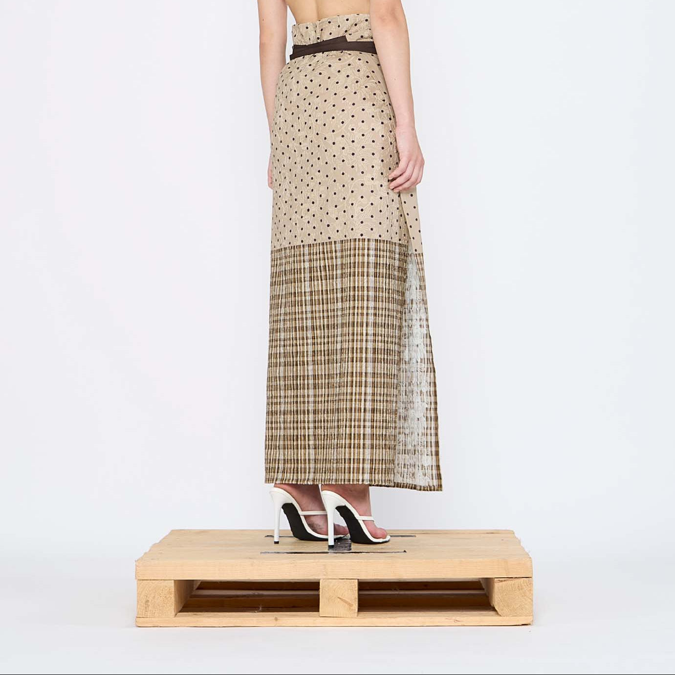 Barbara Bologna Print Pareo wrap Skirt with multiple prints worn by model.
