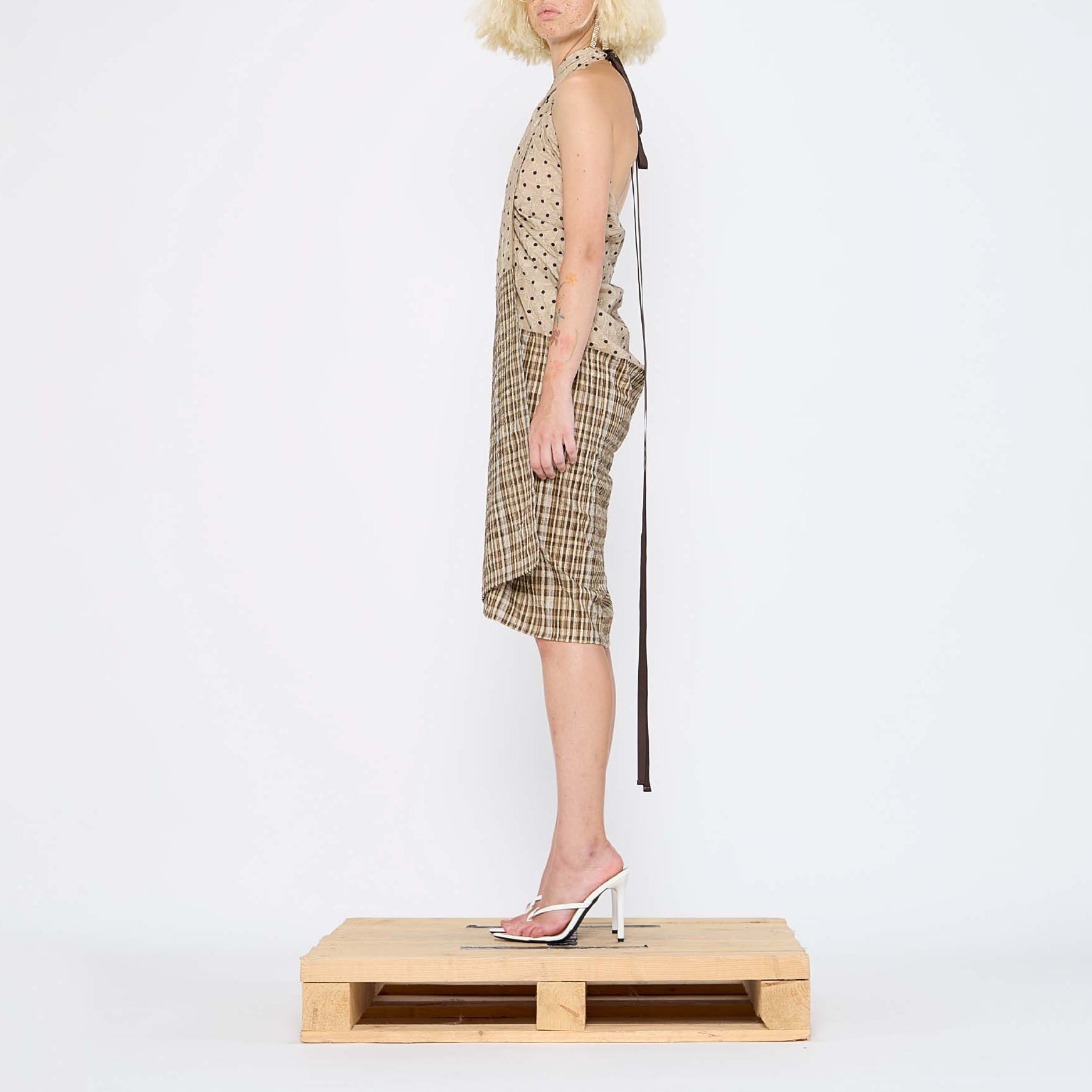 Barbara Bologna Print Pareo wrap Skirt with multiple prints worn by model as a dress.