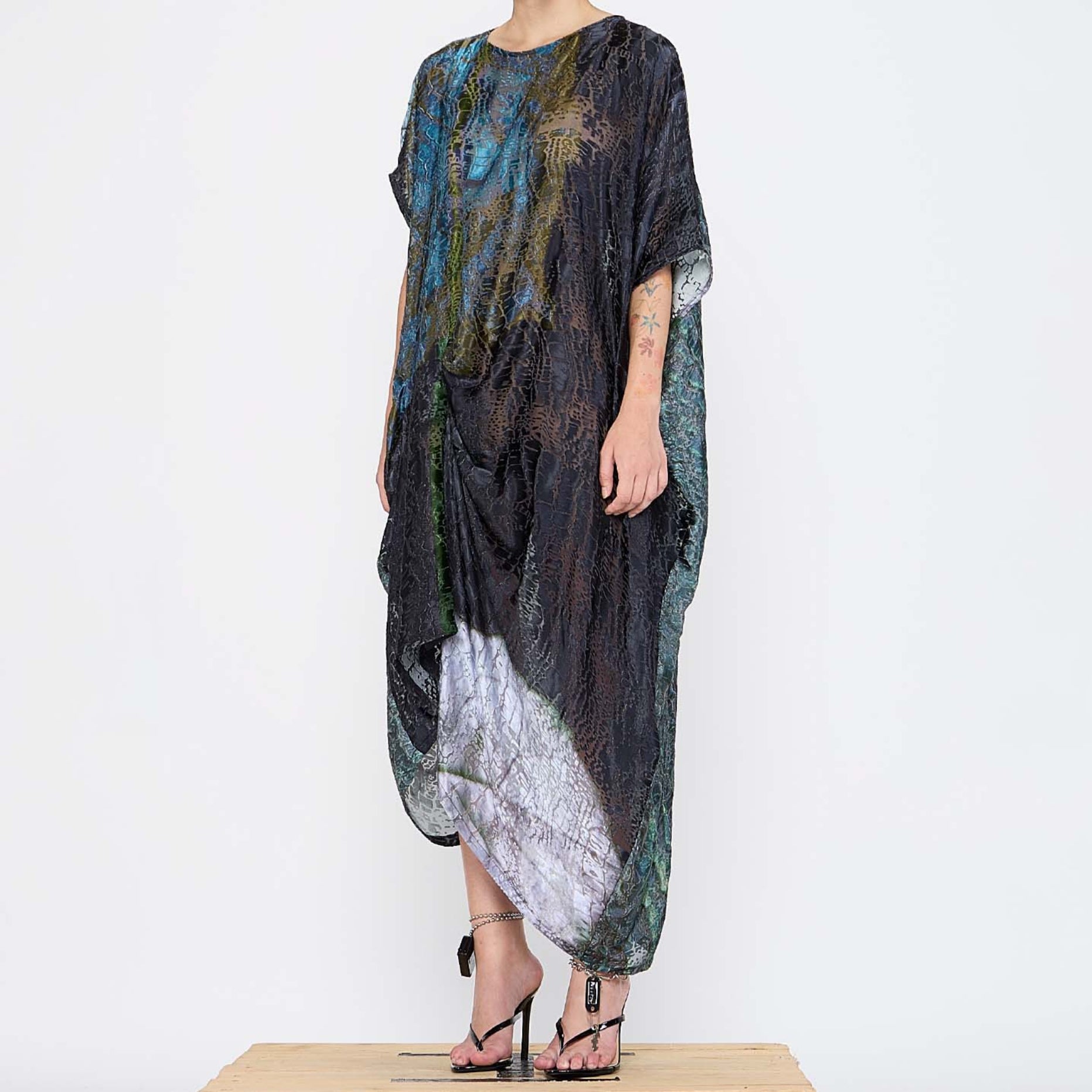 Barbara Bologna Silk Viscose Print Dress — side view, fluid print dress in 67% viscose and 33% silk, one size, made in Italy