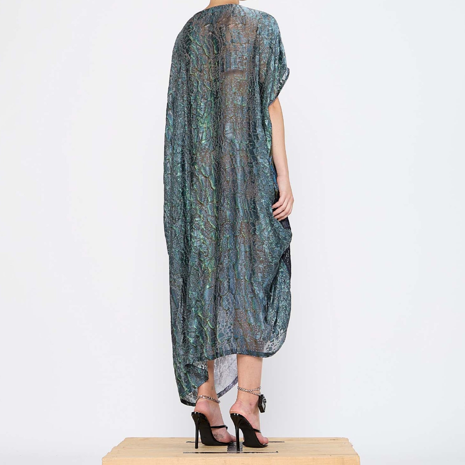 Barbara Bologna Silk Viscose Print Dress — back view, fluid print dress in 67% viscose and 33% silk, one size, made in Italy