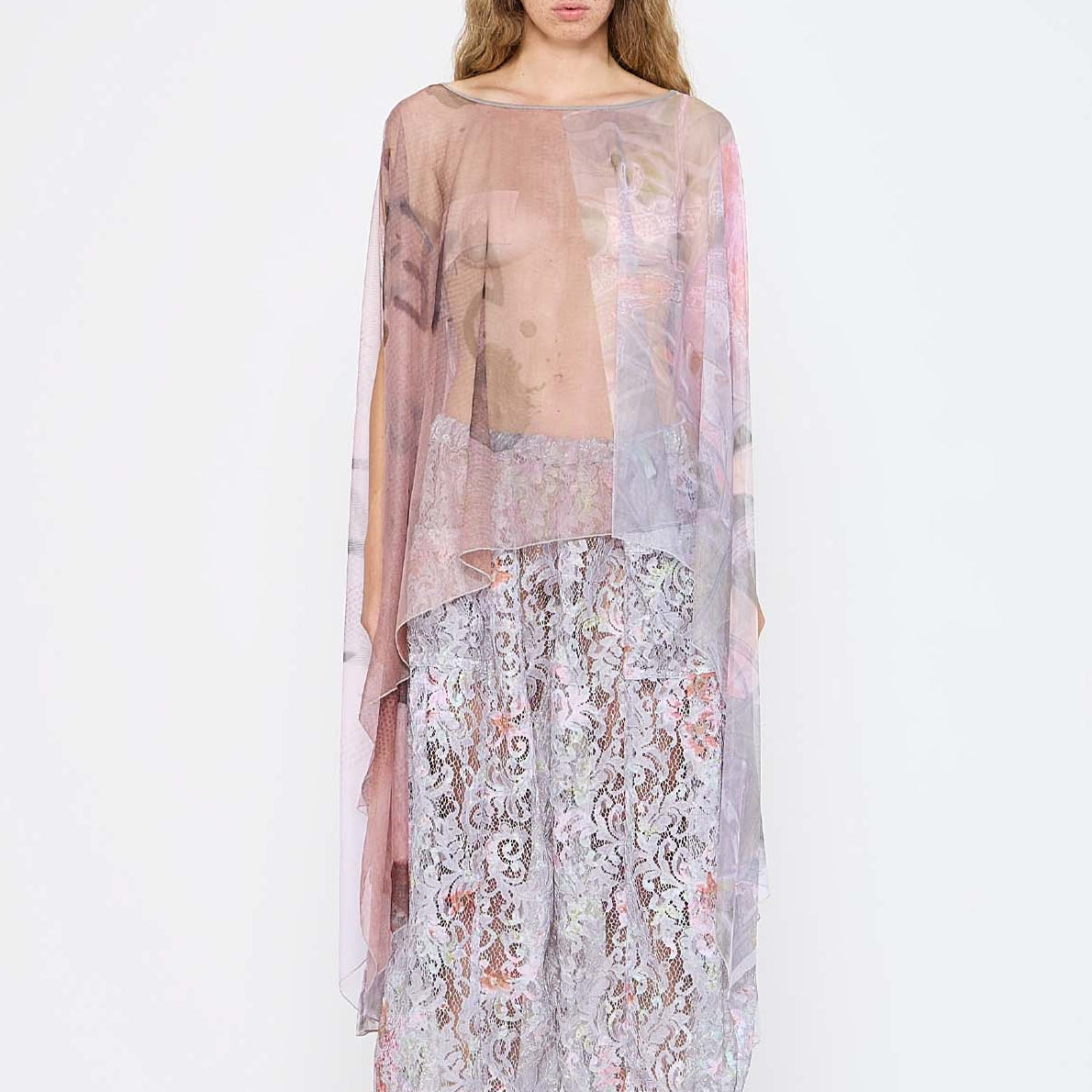  Barbara Bologna Sheer Print Top, front view — sheer watercolor print cape-top in blush pink, rose, and lavender with bateau neckline and dramatic draped panels
