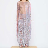  Barbara Bologna Sheer Print Top, front full-body view — sheer watercolor print cape-top in blush pink, rose, and lavender with bateau neckline and dramatic draped panels