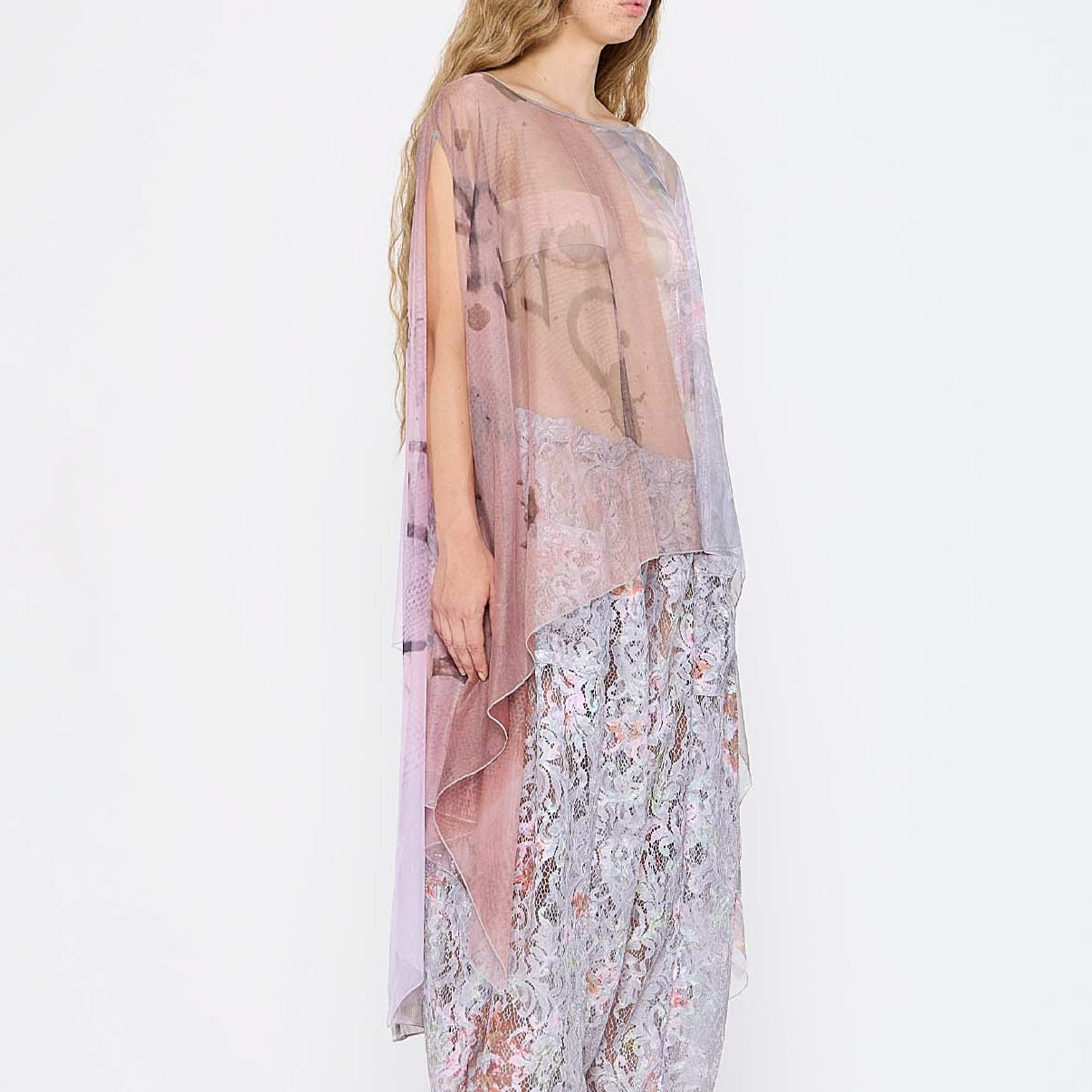  Barbara Bologna Sheer Print Top, side view — sheer watercolor print cape-top in blush pink, rose, and lavender with bateau neckline and dramatic draped panels
