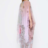  Barbara Bologna Sheer Print Top, back view — sheer watercolor print cape-top in blush pink, rose, and lavender with bateau neckline and dramatic draped panels