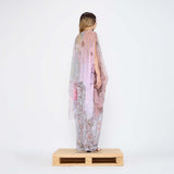  Barbara Bologna Sheer Print Top, back fullody view — sheer watercolor print cape-top in blush pink, rose, and lavender with bateau neckline and dramatic draped panels