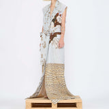 Barbara Bologna Mixed Print Textured Stolla Vest, side view — sleeveless cotton vest with a ollage print featuring crocodile, plaid, and floral patterns, belted at waist