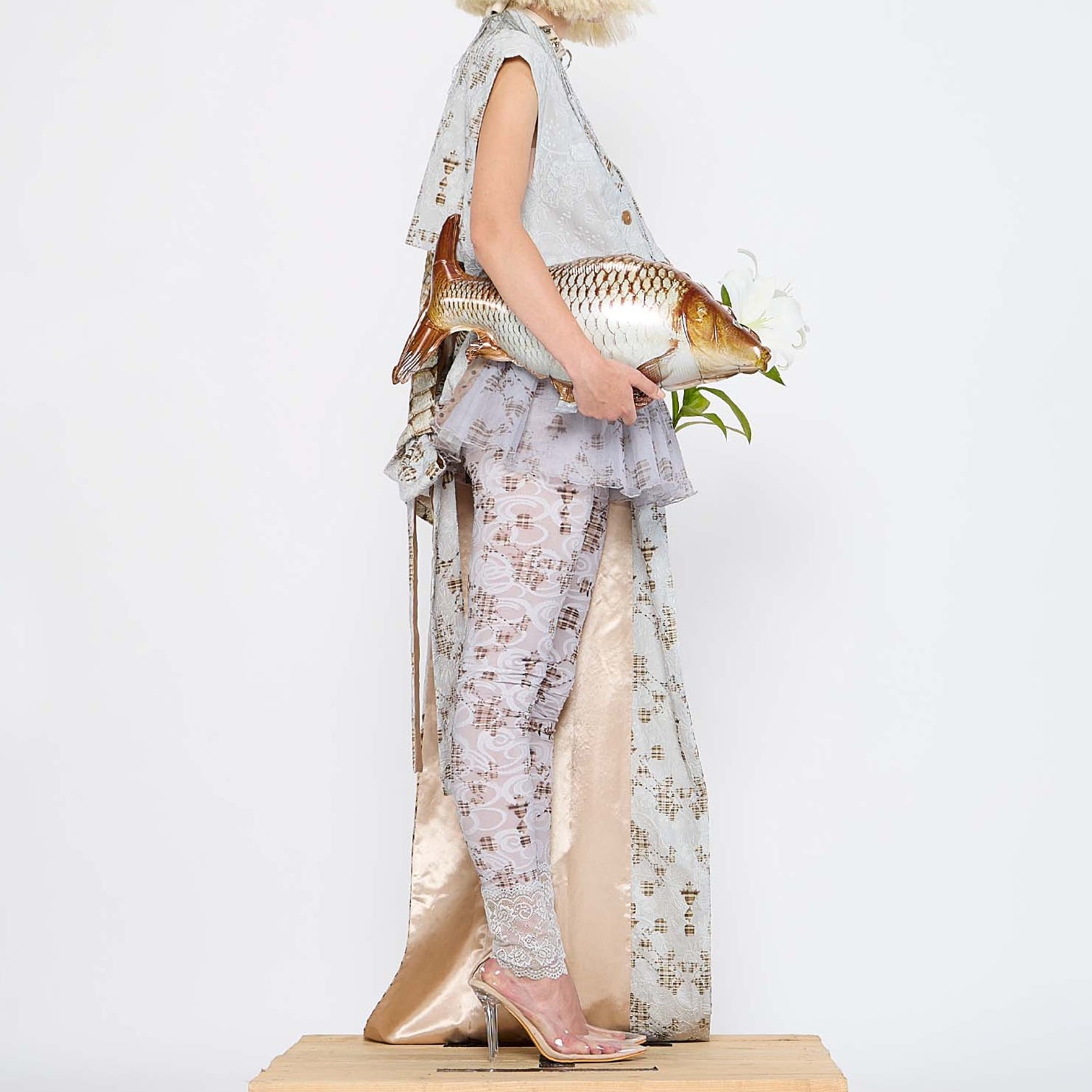 Barbara Bologna Mixed Print Textured Stolla Vest, side view — sleeveless cotton vest with a ollage print featuring crocodile, plaid, and floral patterns, belted at waist