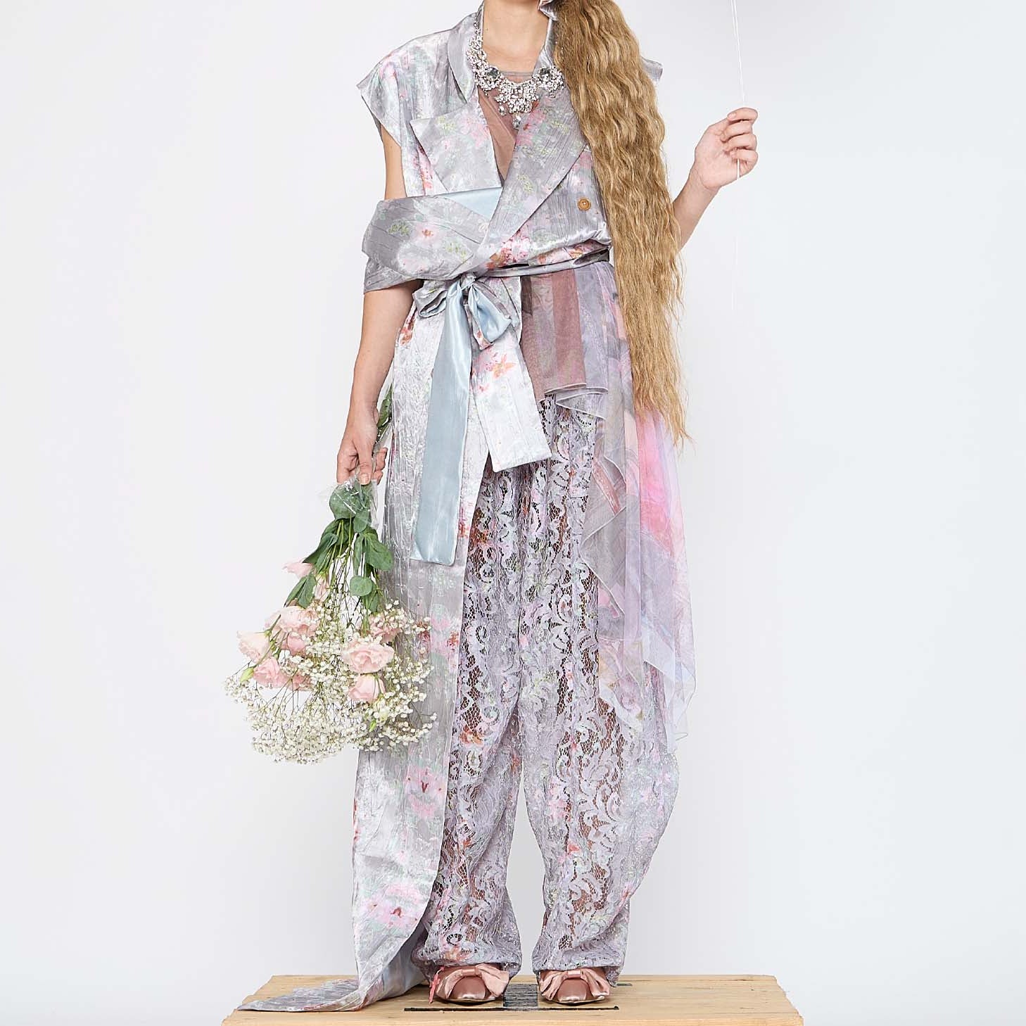 Barbara Bologna Floral Print Stolla Vest — front view styled as full-length draped look with bow waist tie, floral print polyester satin, made in Italy