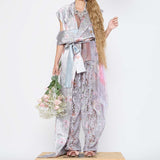 Barbara Bologna Floral Print Stolla Vest — front view styled as full-length draped look with bow waist tie, floral print polyester satin, made in Italy