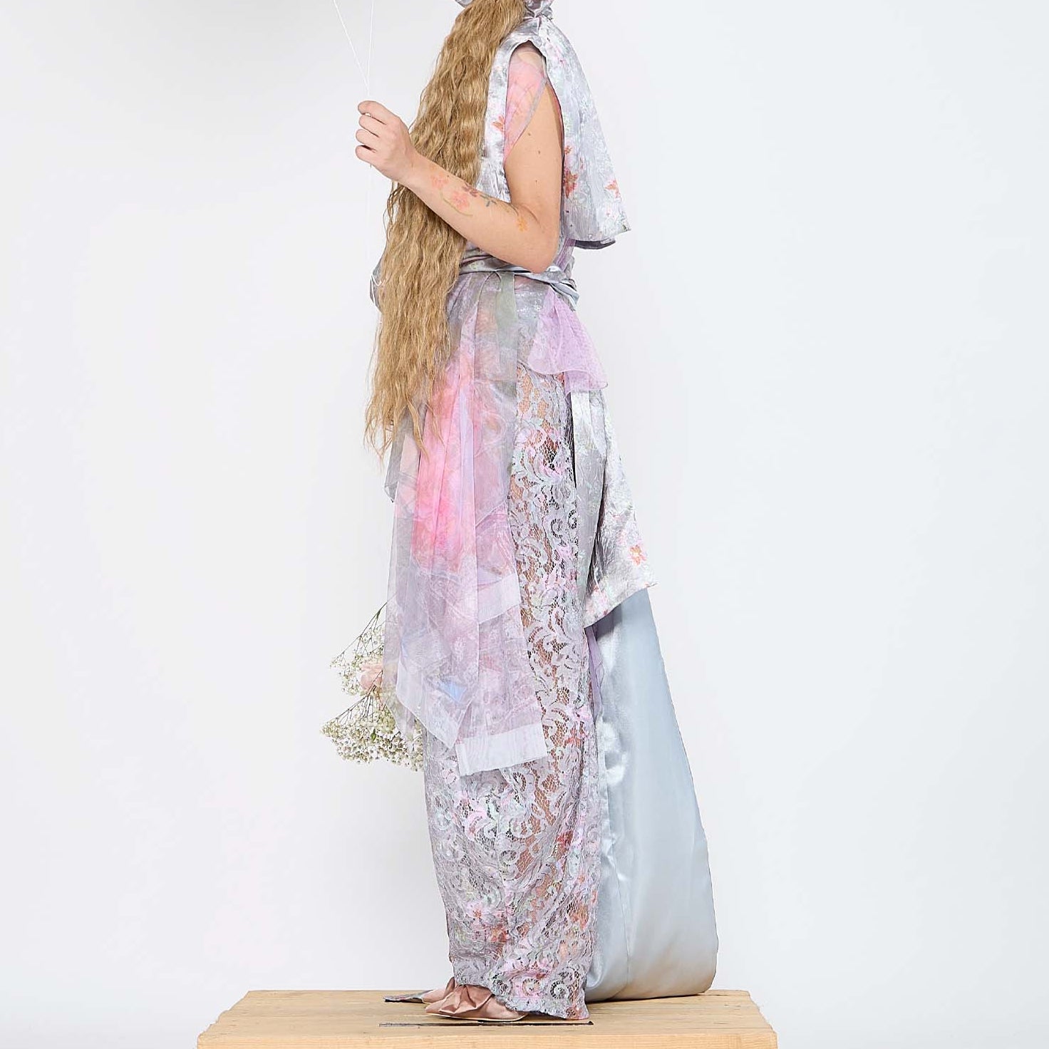 Barbara Bologna Floral Print Stolla Vest — side view with layered lace and tulle styling, silver-grey and pink floral print, made in Italy