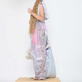 Barbara Bologna Floral Print Stolla Vest — side view with layered lace and tulle styling, silver-grey and pink floral print, made in Italy