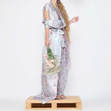 Barbara Bologna Floral Print Stolla Vest — side view styled as draped wrap with bow tie, silver-grey floral print polyester satin in pink and blush tones, made in Italy