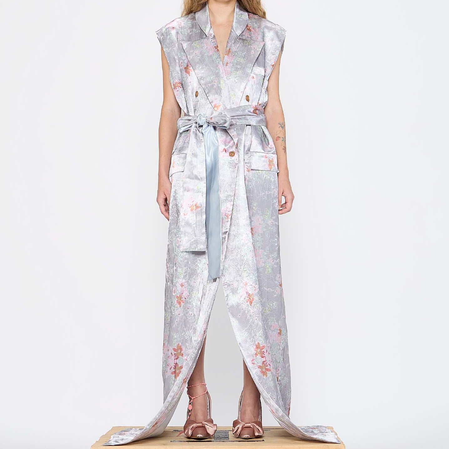 Barbara Bologna Floral Print Stolla Vest — front view worn as sleeveless belted maxi vest, silver-grey floral print satin with front slit, made in Italy