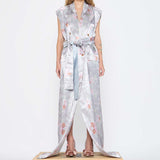 Barbara Bologna Floral Print Stolla Vest — front view worn as sleeveless belted maxi vest, silver-grey floral print satin with front slit, made in Italy