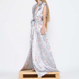 Barbara Bologna Floral Print Stolla Vest — side view worn as sleeveless belted maxi vest, silver-grey floral print satin with front slit, made in Italy