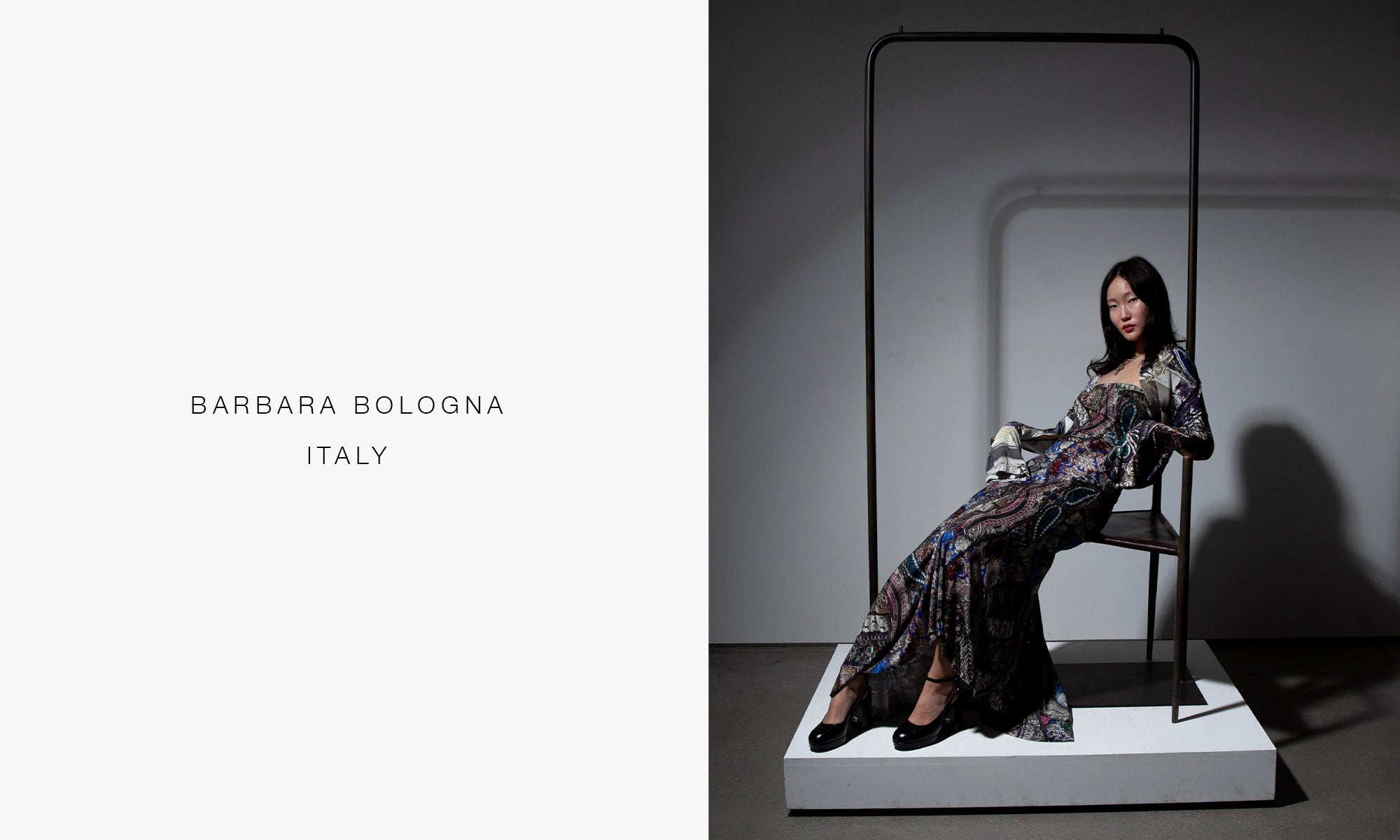 Model wearing Barbara Bologna skirt and shirt with print