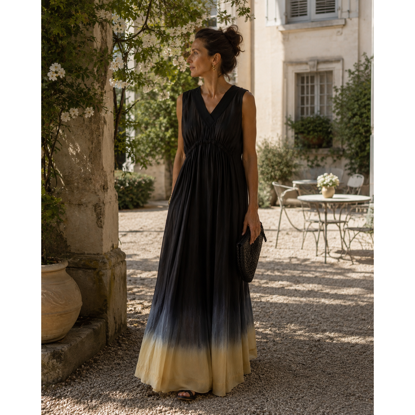 Woman wearing blue and gold silk dress
