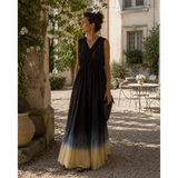 Woman wearing blue and gold silk dress