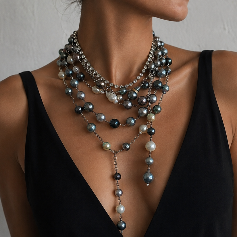 Irit Design Tahitian Pearl Lariat Necklace — editorial model shot layered with multiple pearl and chain necklaces over black deep-V dress, Tahitian pearl station necklace with lariat drop styled against white wall, showcasing layering potential