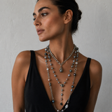 A woman wearing multiple pearl necklaces featuring Tahitian and baroque pearls set in silver-tone chains.