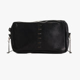 A black textured leather bag with a top zipper, vertical stitched details, and a silver chain strap, shown against a plain white background.