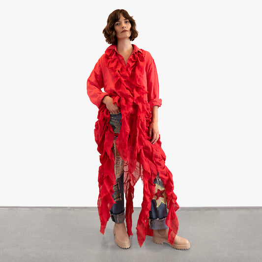 Dassios Ruffled Linen Dress - Red