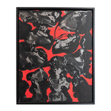 Framed Ed Moses abstract painting featuring bold black and gray textured brushstrokes over a vivid red background, shown against a plain white backdrop.