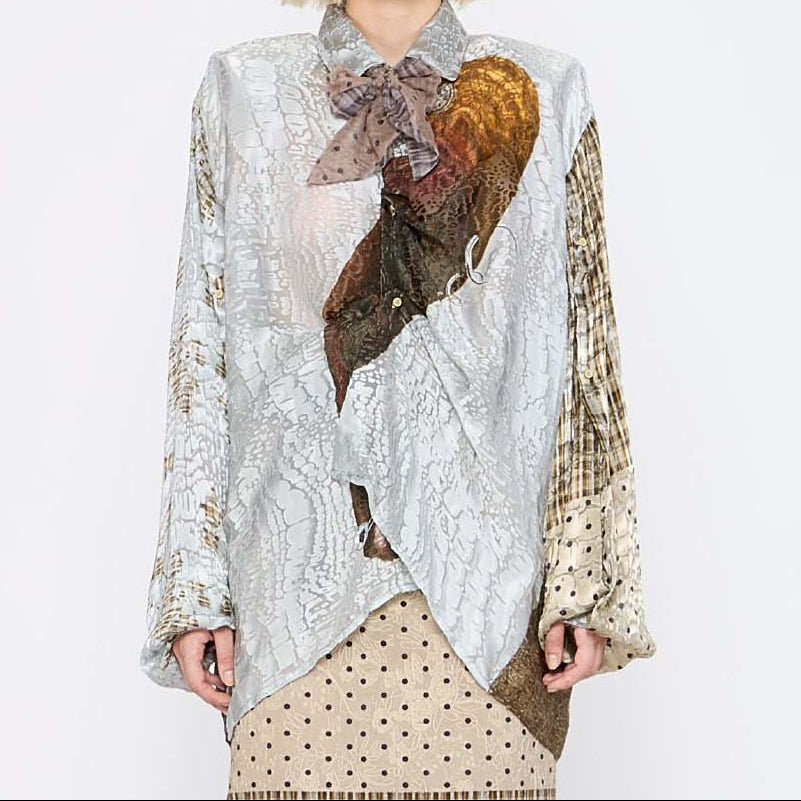 Barbara Bologna Print Shirt with Scarf, front view — collage mixed-print viscose-silk shirt with figurative motif, plaid sleeves, and coordinating sheer scarf tied at collar