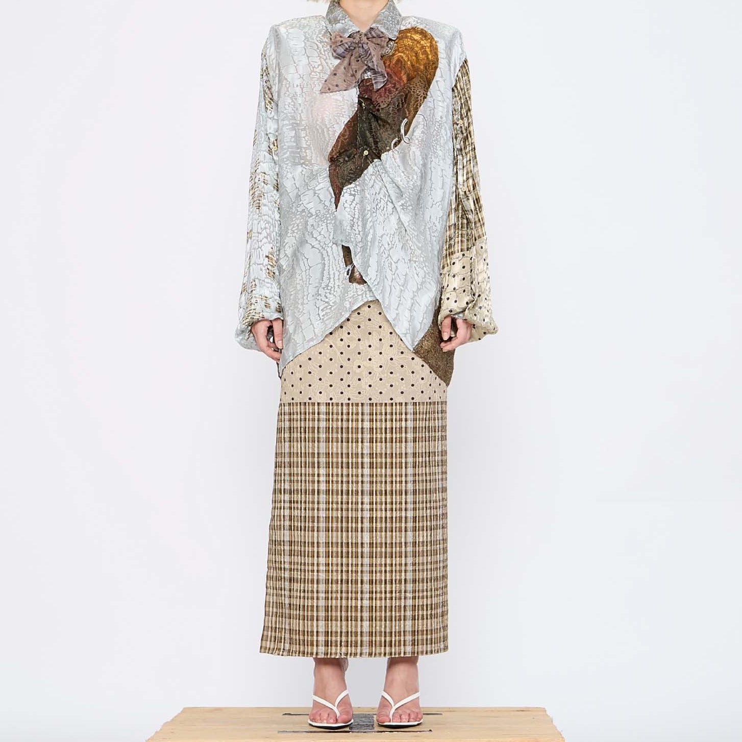 Barbara Bologna Print Shirt with Scarf, front full-body view — collage mixed-print viscose-silk shirt with figurative motif, plaid sleeves, and coordinating sheer scarf tied at collar, styled with a polka dot and plaid skirt