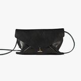 A black leather envelope-style shoulder bag with a small gold-tone clasp, displayed on a clean white background.