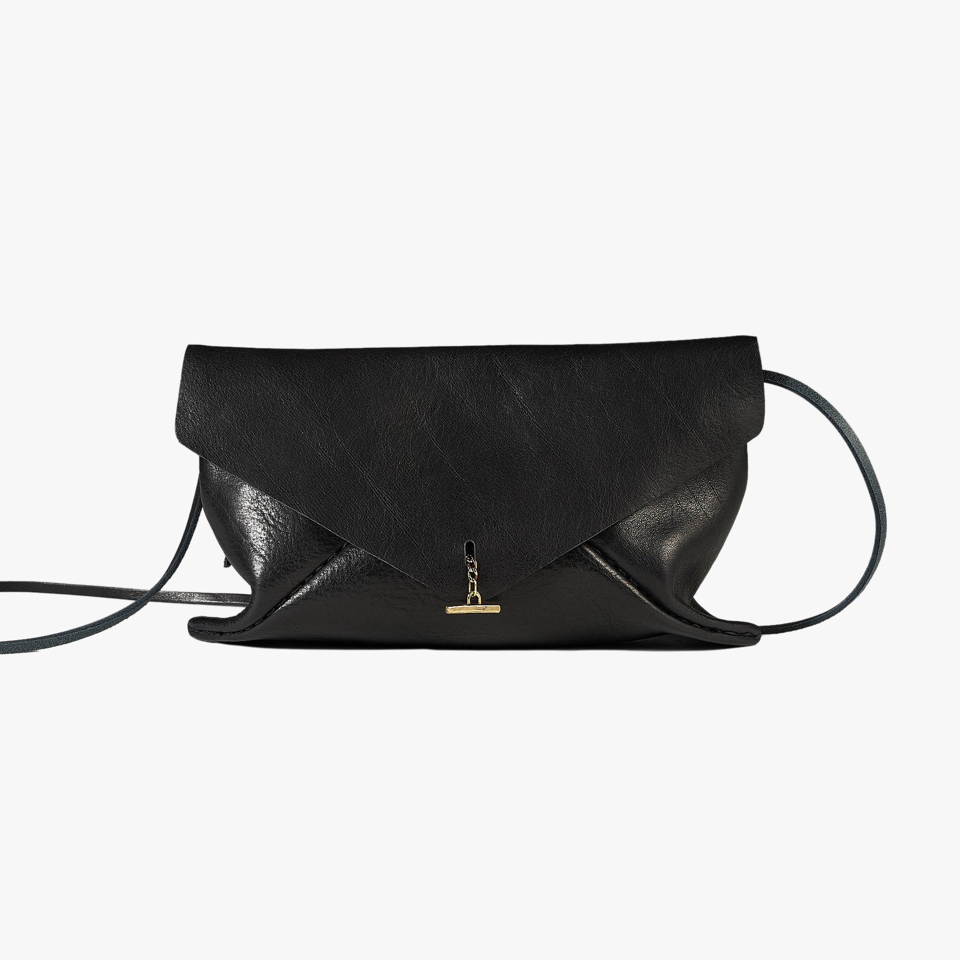 A black leather envelope-style shoulder bag with a small gold-tone clasp, displayed on a clean white background.