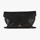 A black leather clutch bag with a unique draped, folded design and a small gold-tone metal clasp, shown against a plain white background.