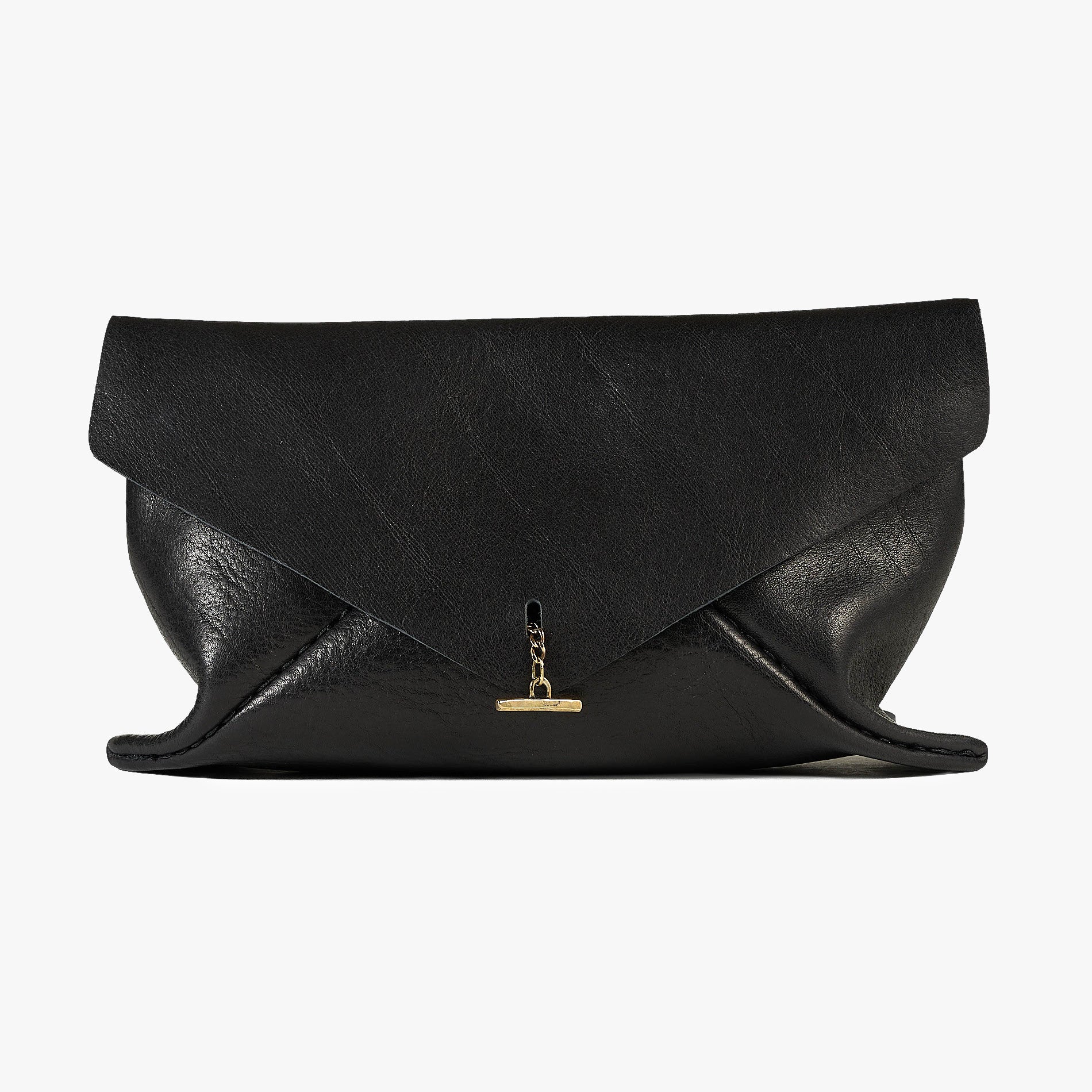 A black leather clutch bag with a unique draped, folded design and a small gold-tone metal clasp, shown against a plain white background.
